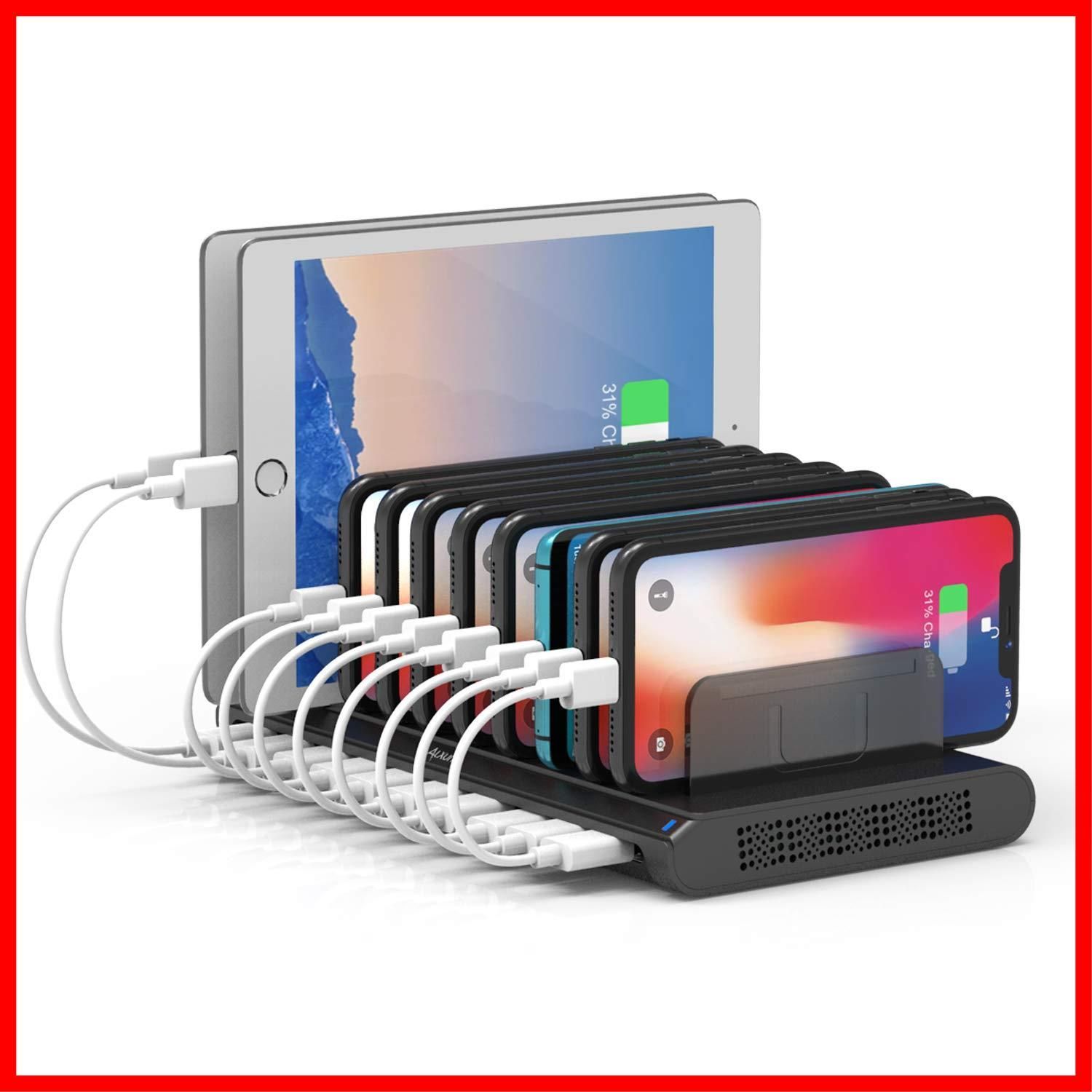 【人気商品】5-8台同時充電 PSE認証済 2.4A 仕切り板調整可能 5V 60W Android/iPhone/iPad/kindle/タブレット/スマホ/PSP対応 Aポート 10*USB ブラック-充電ケーブルは含まれていません USB充電ステーション