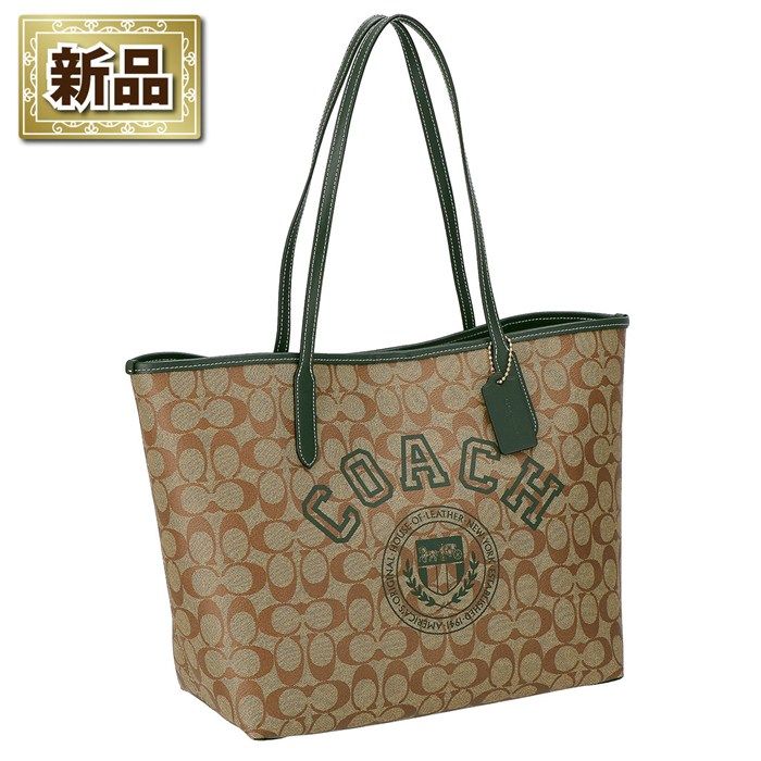 コーチ COACH トートバッグ シティ トート CB869 IMRQE 2022 AW ヴァーシティ モチーフ カーキ シグネチャーキャンバス アマゾングリーン スムースレザー ゴールド金具