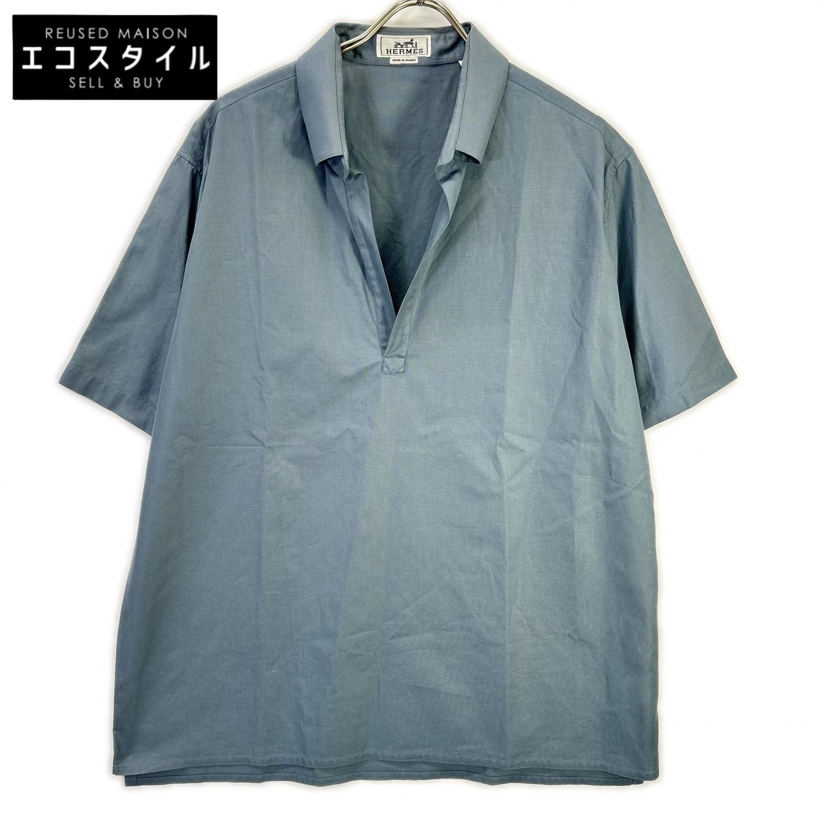 HERMES エルメス 41-5611 ブルー コットン100% BD 開襟シャツ 43