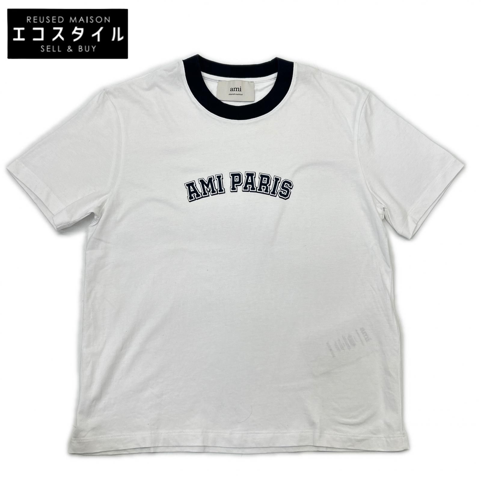 AMI PARIS　アミパリス　ホワイト リブカラー ロゴプリント S/Sカットソー　XS