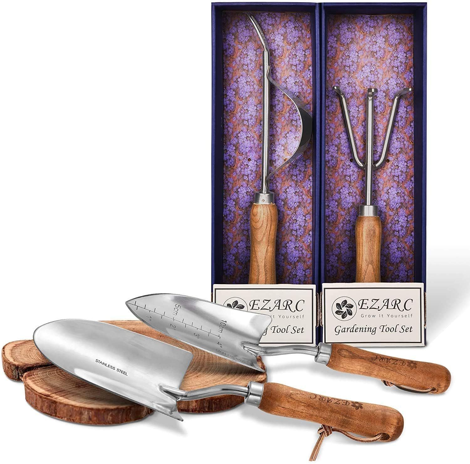 EZARC ガーデンツールセット 4本組 ステンレス鋼 木製ハンドル付き 手植え 除草 移植スコップ・ハンドシャベル・熊手・草抜き 庭園作業 園芸工具キット送料無料 f690c5be