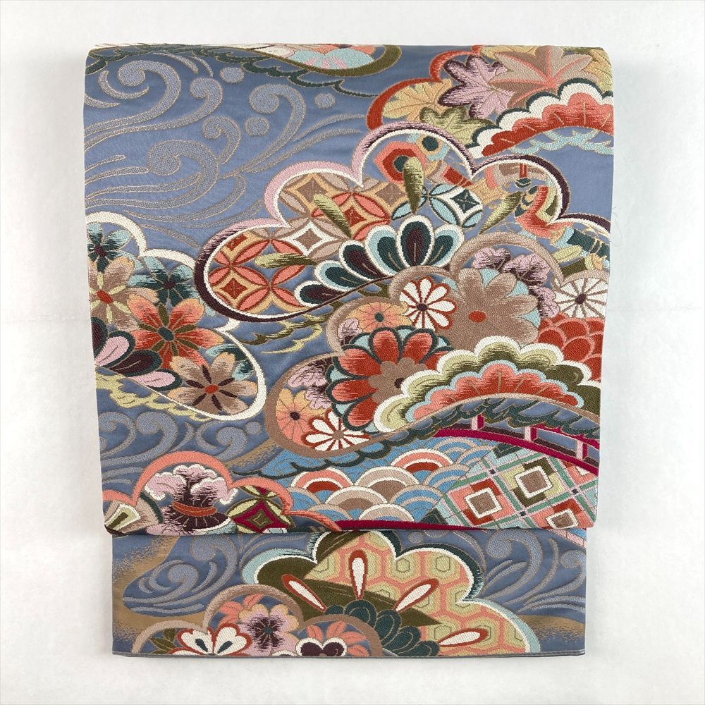 たんす屋 TANSU-YA リユース帯 帯 袋帯 灰青 カジュアル セミフォーマル 織り 松 古典柄 白綾苑大庭 絹 六通 洗い済 7650004265498