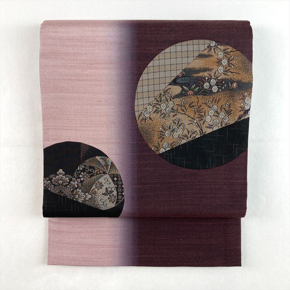 たんす屋 TANSU-YA リユース帯 帯 袋帯 紫 カジュアル 大島 屋久杉染 ぼかし 丸に古典柄 パッチワーク 絹 お太鼓柄 洗い済 7650004265689