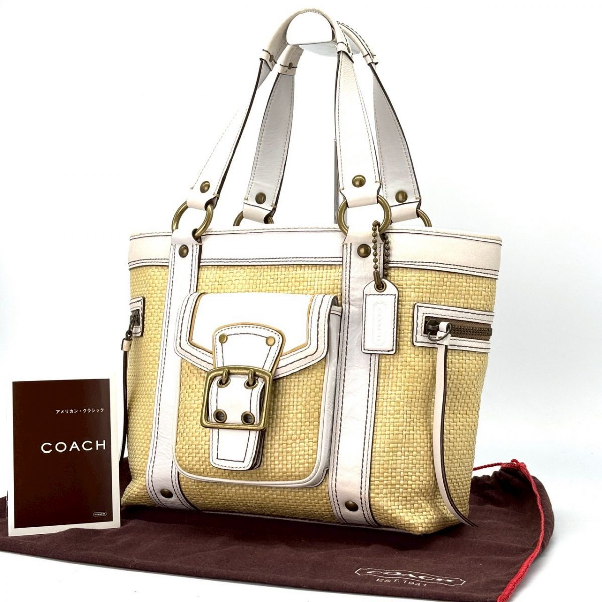 【陽だまりを纏う日】 COACH かごバッグ レガシーストロートート ソーホー ラフィア レザー ワンショルダー アイボリー ベージュ