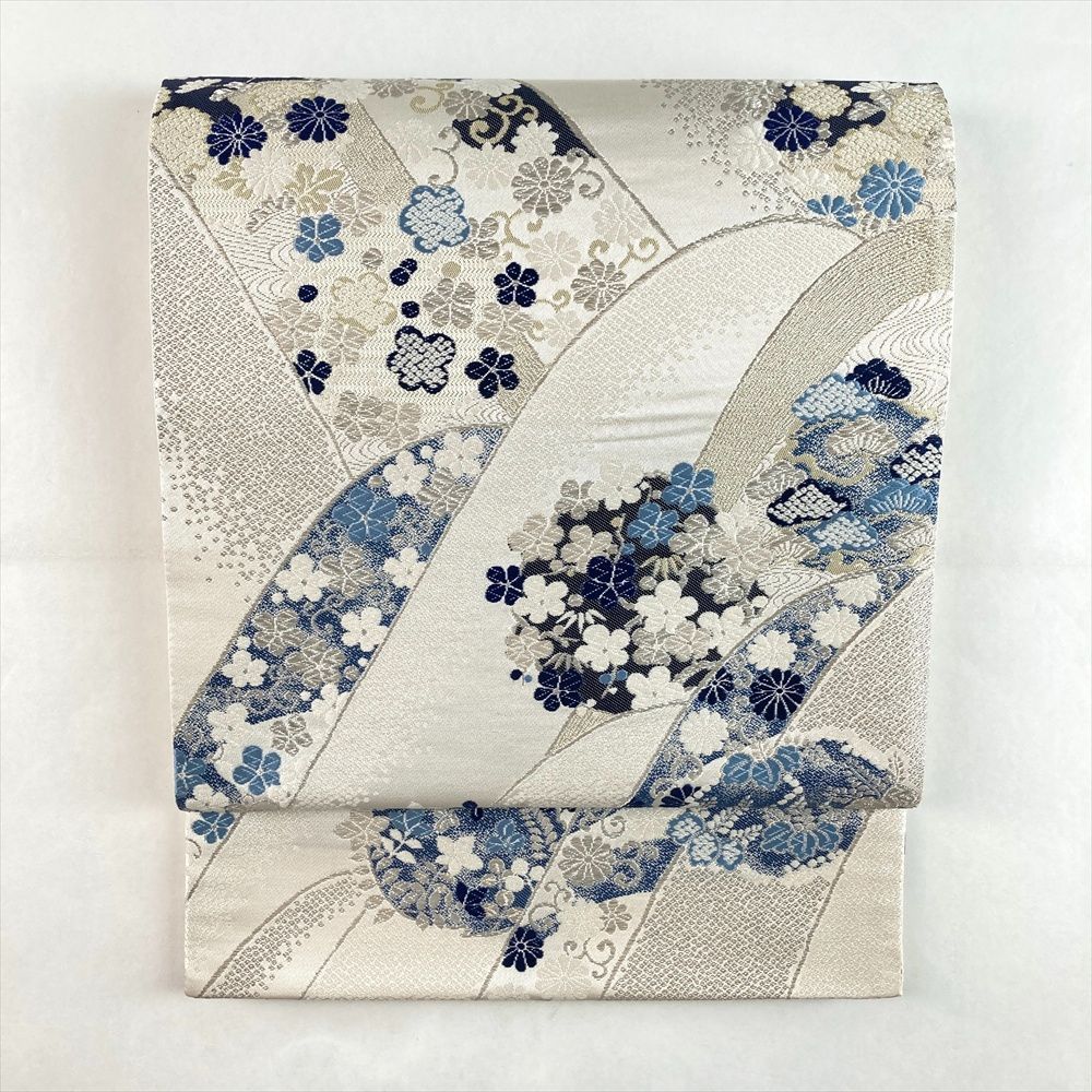 たんす屋 TANSU-YA リユース帯 帯 袋帯 白 セミフォーマル 織り 波 四季花 鹿の子 藍染 絹 六通 洗い済 7650004265719
