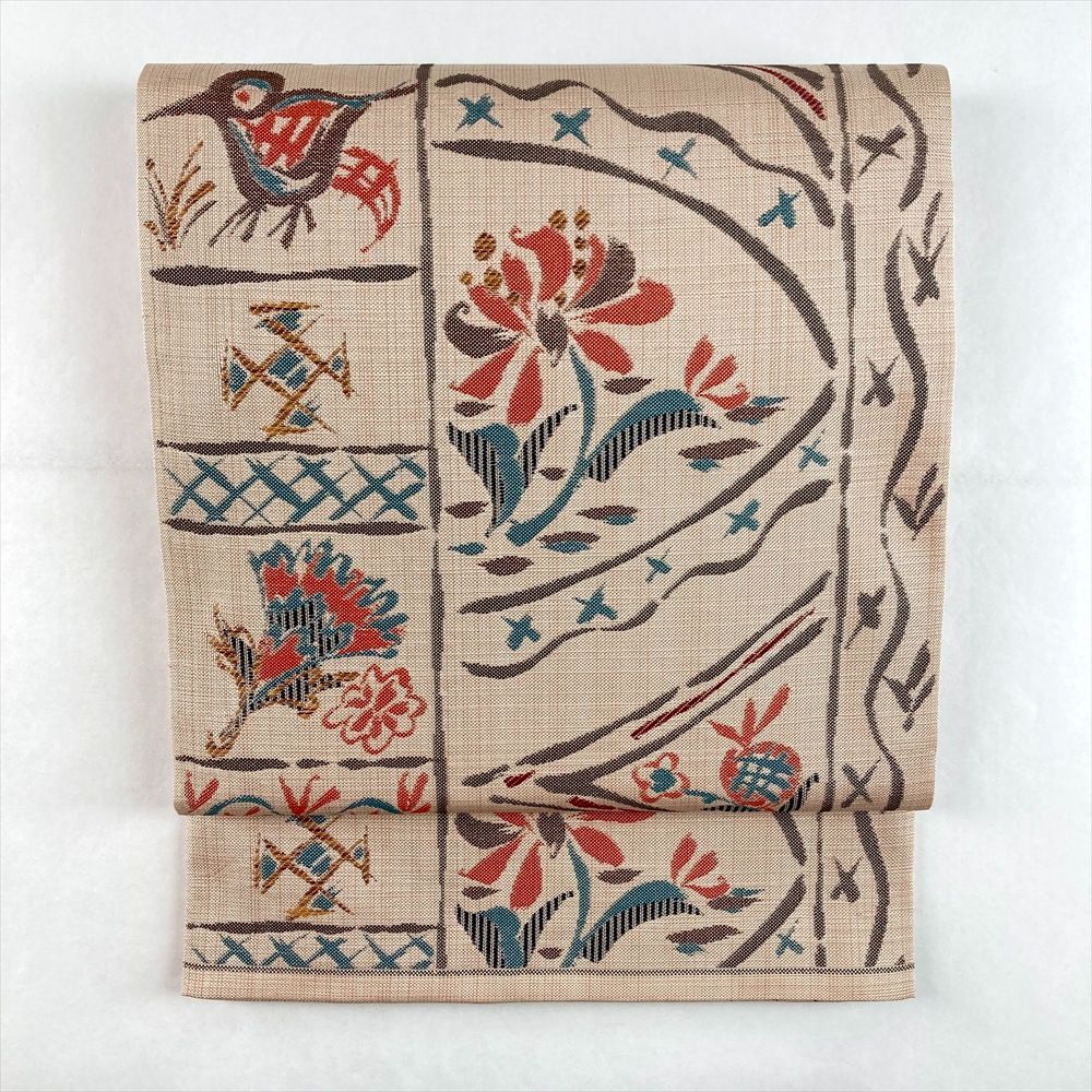たんす屋 TANSU-YA リユース帯 帯 袋帯 白茶 薄ベージュ カジュアル 織り 花 鳥 石摺唐糸 絹 六通 洗い済 7650004265849