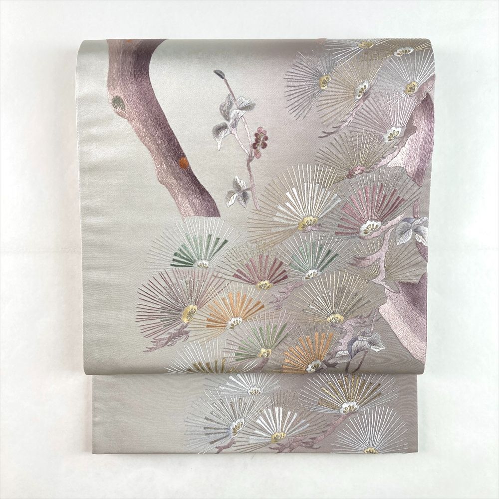 たんす屋 TANSU-YA リユース帯 帯 袋帯 銀 薄紫 フォーマル 織り 松 刺繍 絹 六通 洗い済 7650004255116
