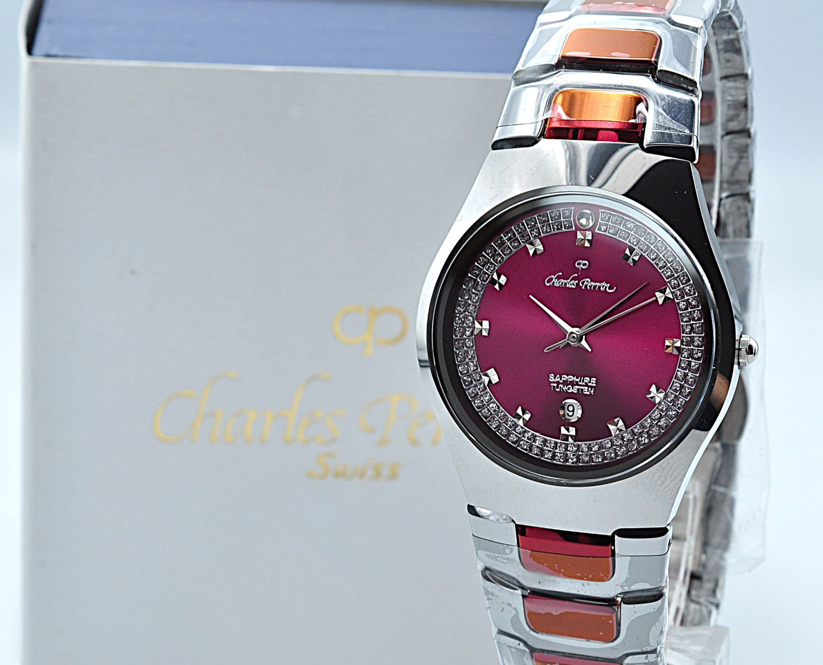 未使用 Charles Perrin シャルルペリン ES-6605M CP タングステン サファイア Quartz クォーツ ウォッチ 腕時計 メンズ 男性 宝石ベゼル 箱付 稼働品