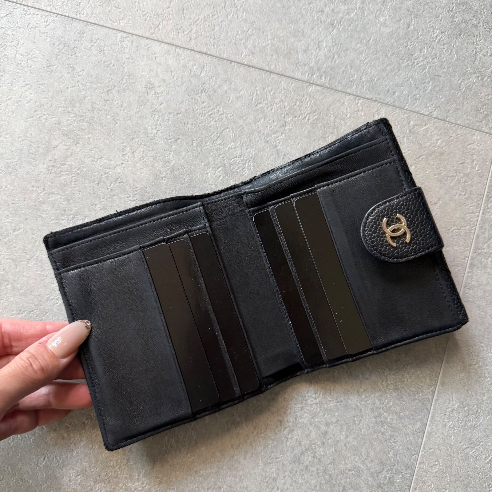 CHANEL シャネル ビコローレ 二つ折り財布 キャビアスキン Wホック 