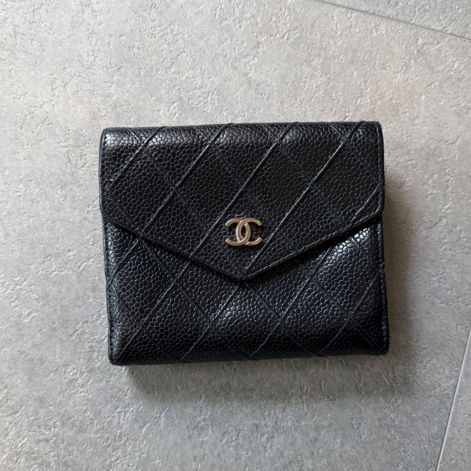 CHANEL シャネル ビコローレ 二つ折り財布 キャビアスキン Wホック 