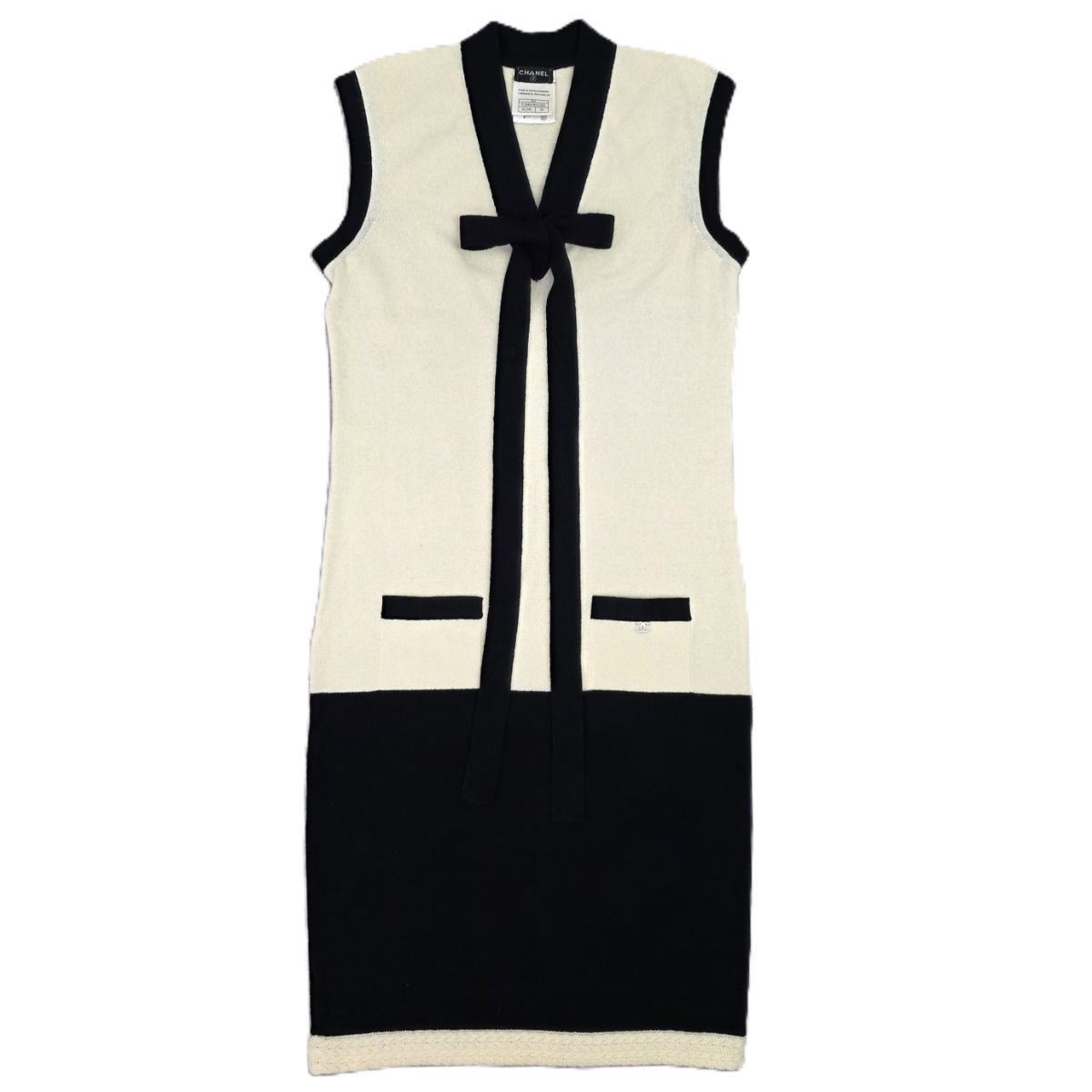 CHANEL 黒 半袖　カシミヤ100 38 CHANEL シャネル 薄手 カシミヤ 100％ バイカラー リボン ココマーク