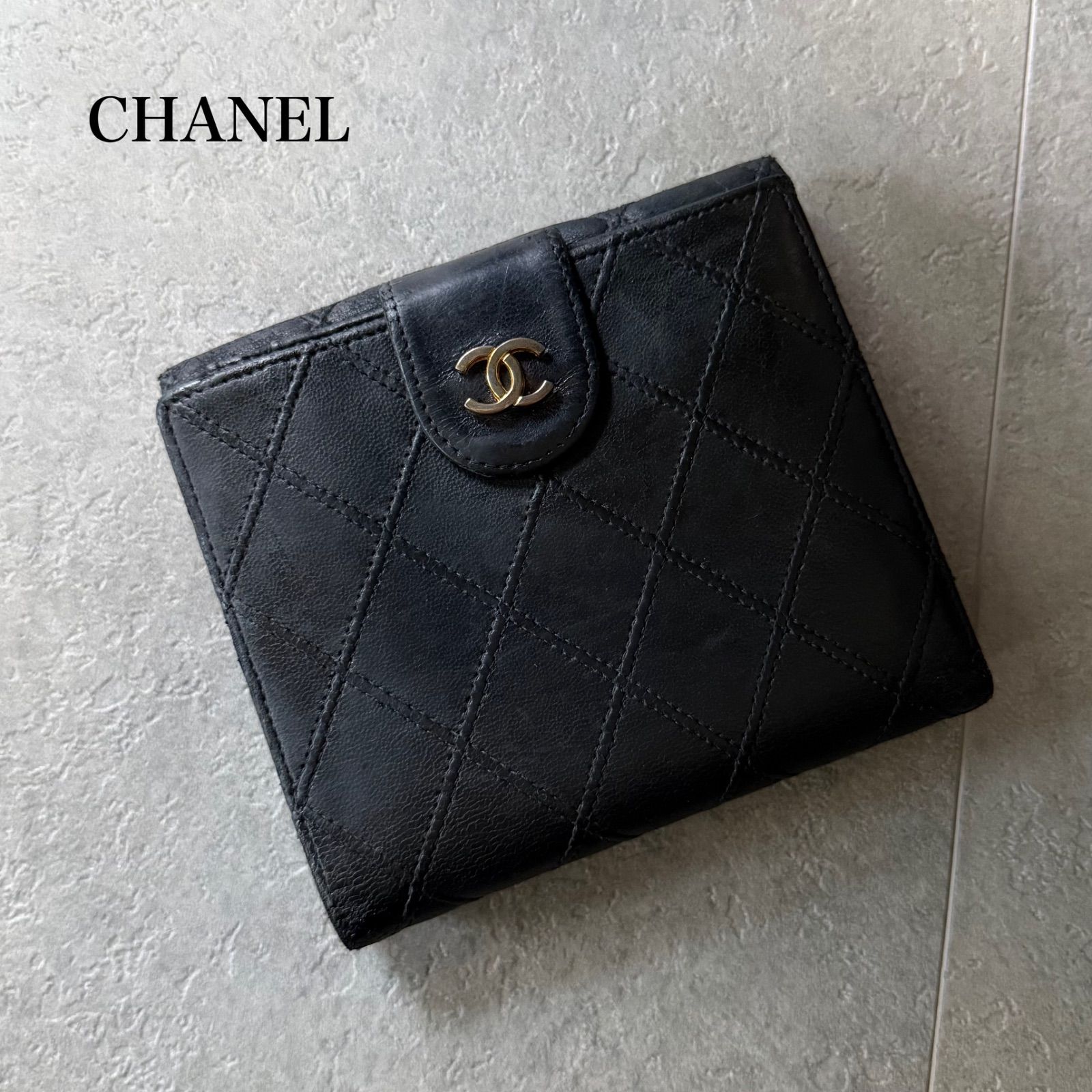CHANEL シャネル ビコローレ 二つ折り財布 レザー Wホック ブラック 黒