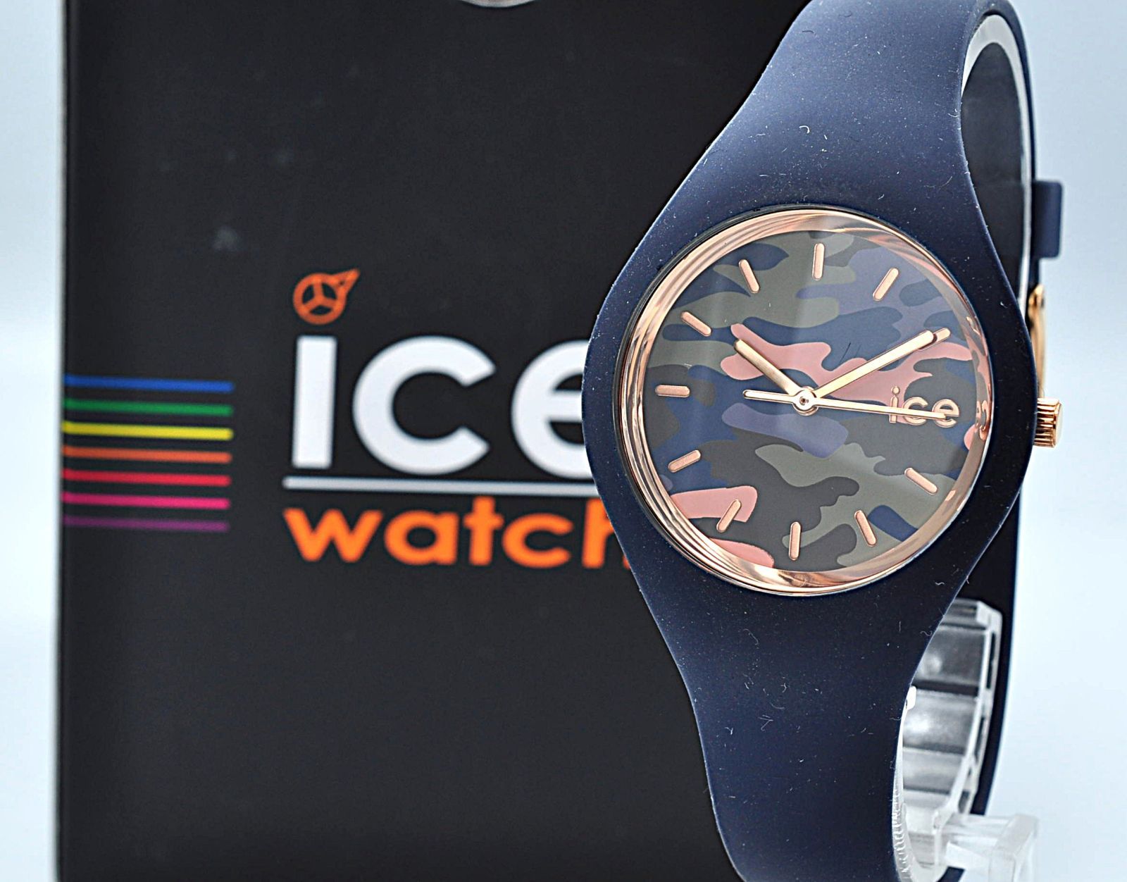 ice watch アイスウォッチ 腕時計 016638 ICE duo chic ネイビー 紺 迷彩 カモフラ ローズゴールド レア 希少 付属品完備 稼働品