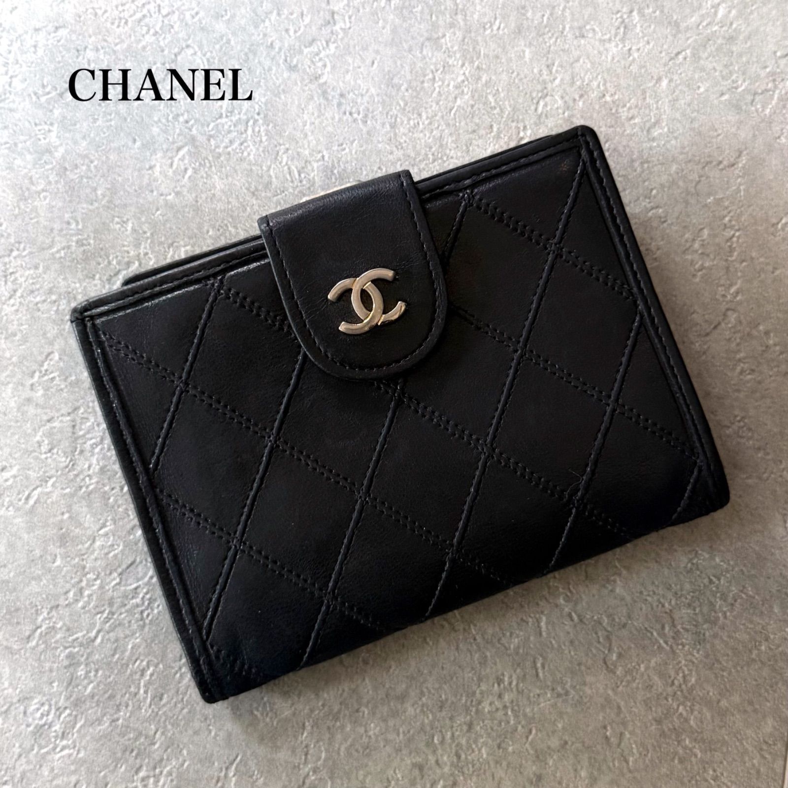 CHANEL シャネル ビコローレ 二つ折り財布 がま口 ブラック 黒 ゴールド金具 キルティング 2つ折り財布 ココマーク