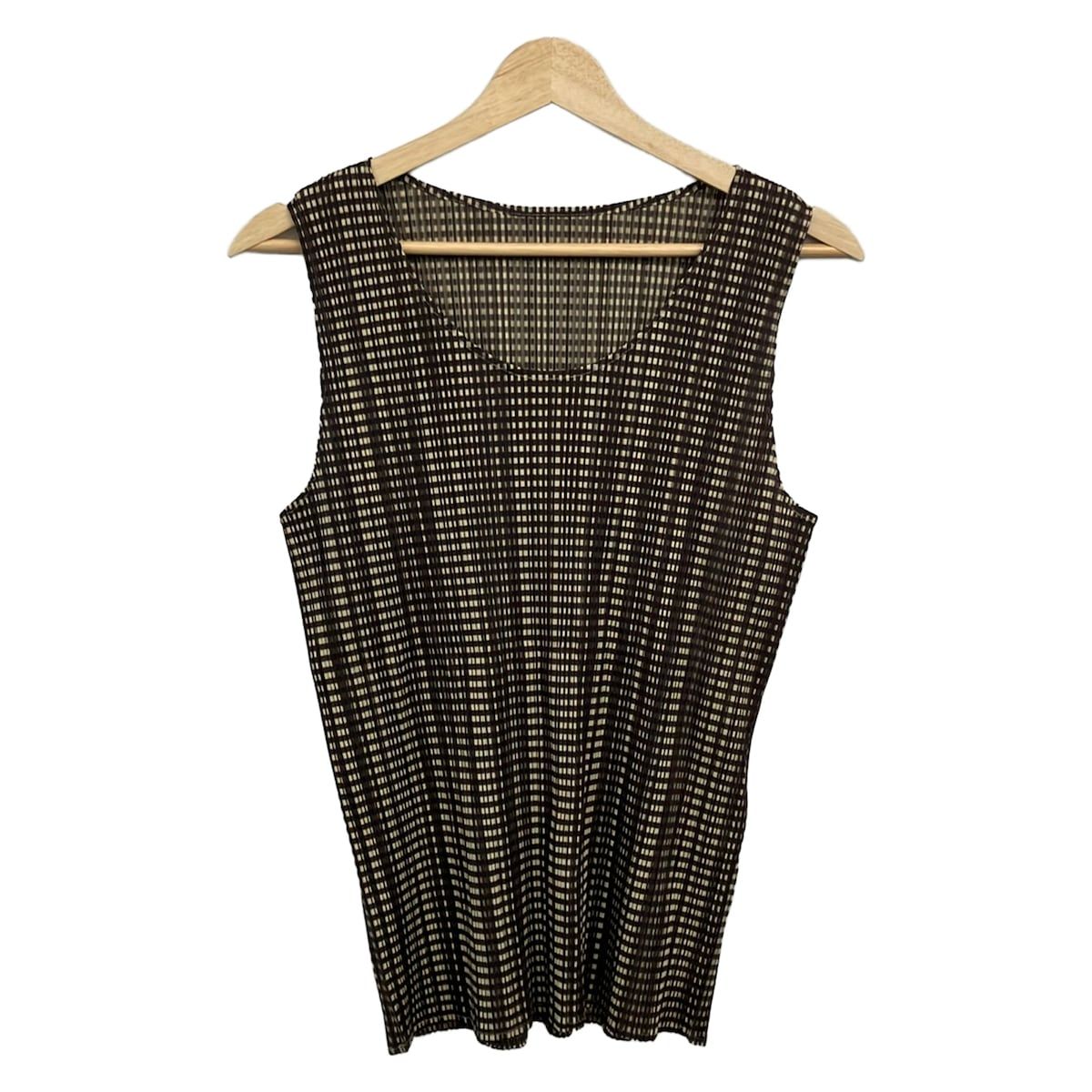 PLEATS PLEASE(プリーツプリーズ) ノースリーブカットソー サイズF レディース美品 - ダークブラウン×ベージュ プリーツ/チェック柄