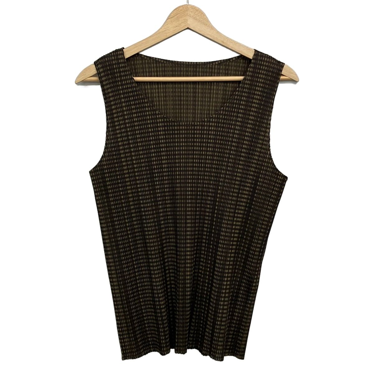 PLEATS PLEASE(プリーツプリーズ) ノースリーブカットソー サイズF レディース美品 - ダークブラウン×カーキ プリーツ/チェック柄