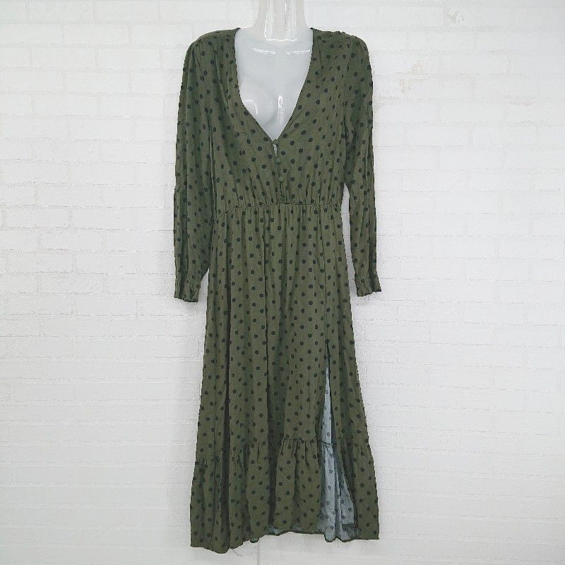 ◇ ZARA ザラ 水玉 ドット Vネック 長袖 ロング ワンピース サイズEUR M USA M MEX 28 カーキ ブラック系 レディース E 【1306050036181】