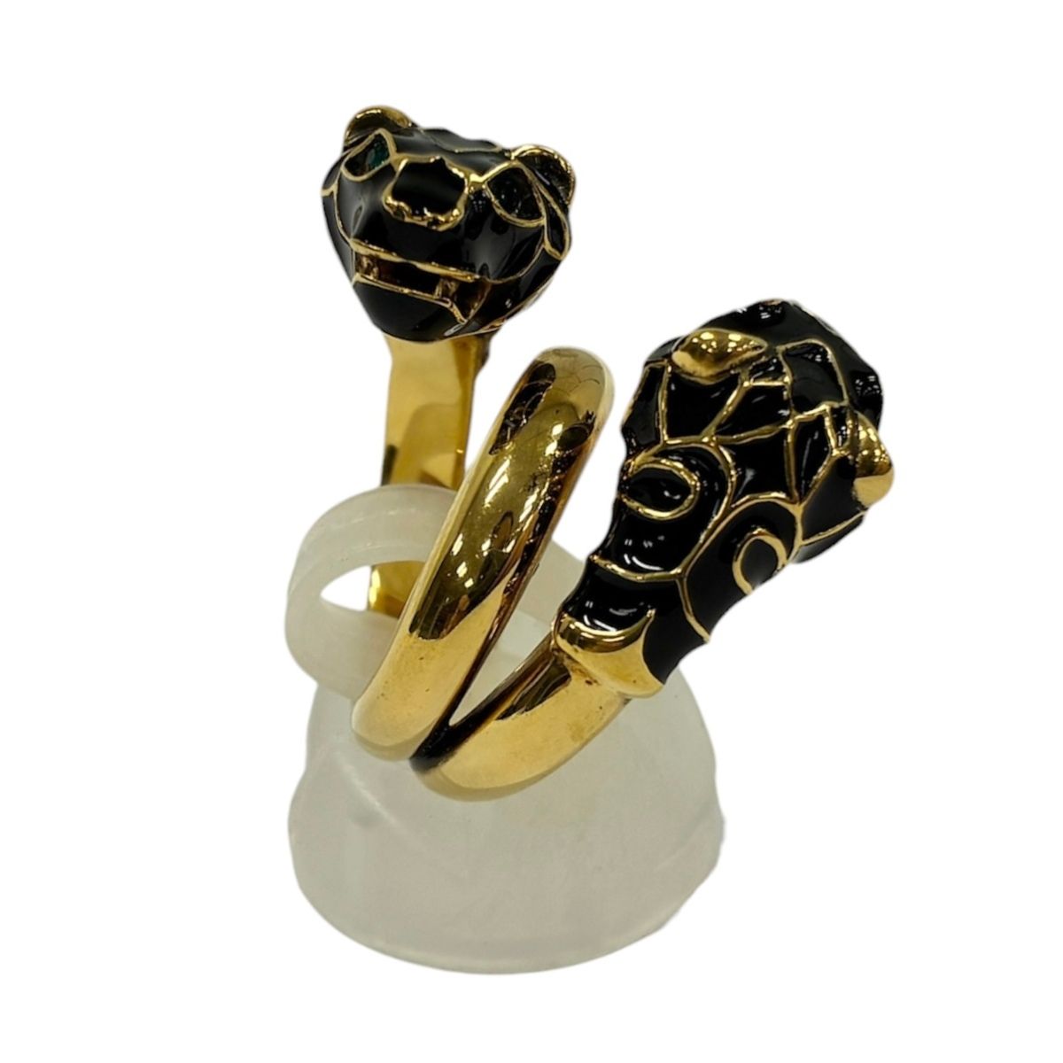 GUCCI グッチ ダブルタイガーヘッド リング ブラックエナメル ゴールド 