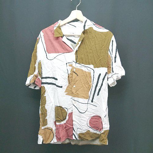 ◇ ZARA スタンドカラー　マルチカラー 透け感なし 半袖 シャツ サイズM ホワイト/ブラウン/レッド レディース E 【1307120034984】