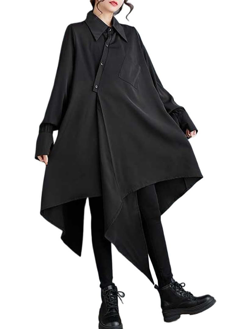 【新着商品】ゆったり ミディアム丈 体型カバー シャツワンピース アシンメトリー 長袖 ビッグシルエット ストリート系 レディース 体型カバー シャツ 春夏秋
