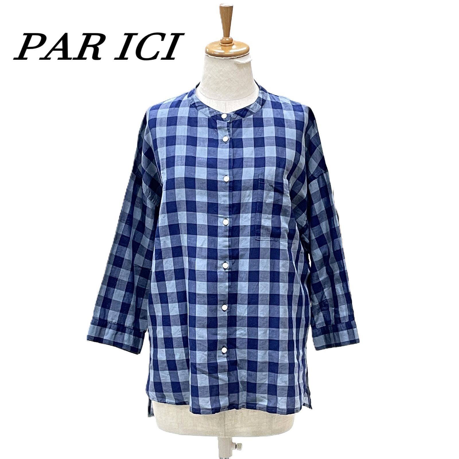 PAR ICI パーリッシィ ノーカラーシャツ ブラウス F ブロックチェック ブルー系