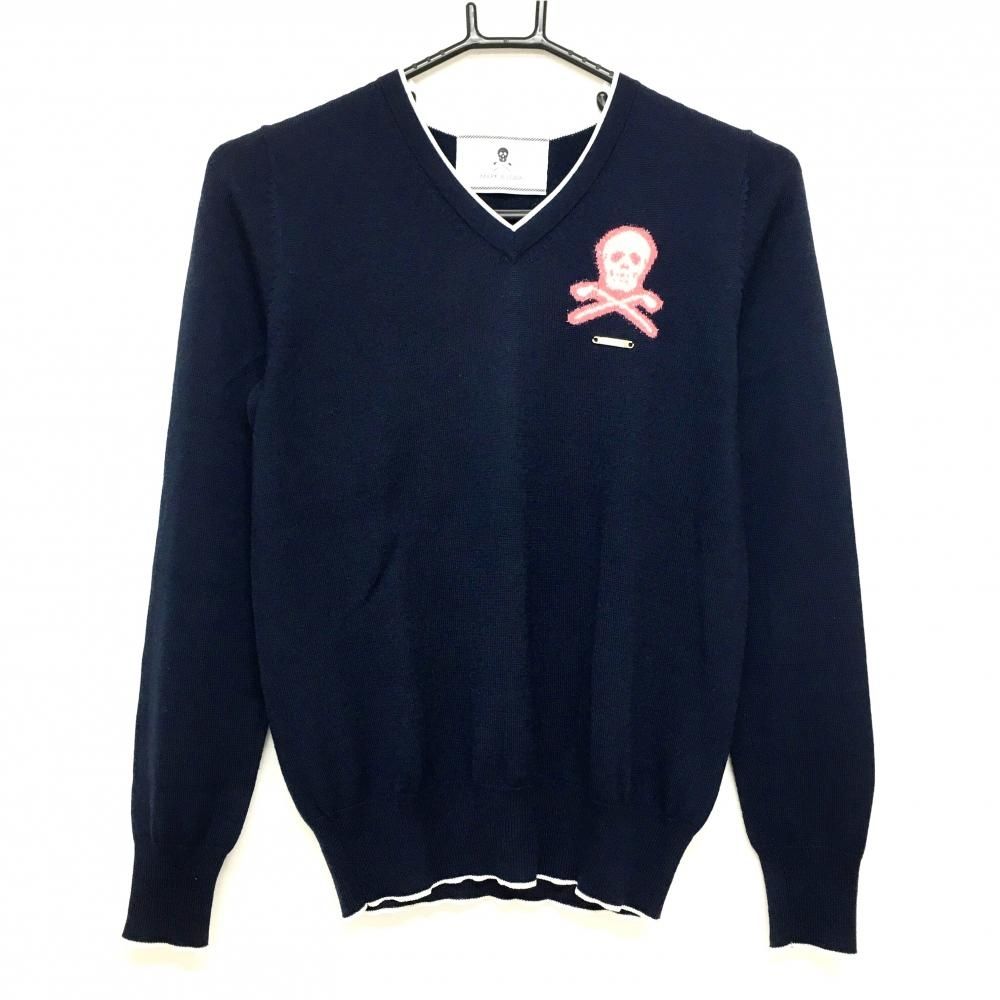 【超美品】マークアンドロナ セーター ネイビー×ピンク Vネック スカル ニット レディース M ゴルフウェア MARK＆LONA