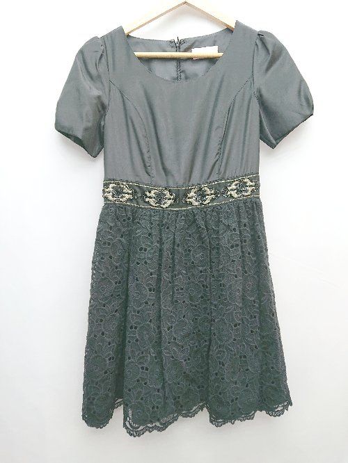 ◇ Swingle 装飾ビジュー レース 切替 かわいい 半袖 ミニ ワンピース サイズ2 ブラック ベージュ レディース P 【1308240005441】