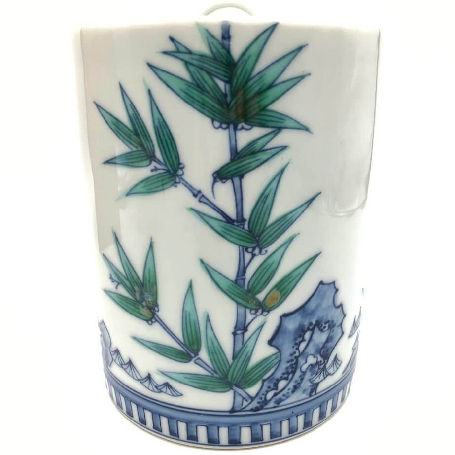 ss7688 【中古】 正村千馨 染付 岩竹水指 共箱付 陶器 水器 白地 竹
