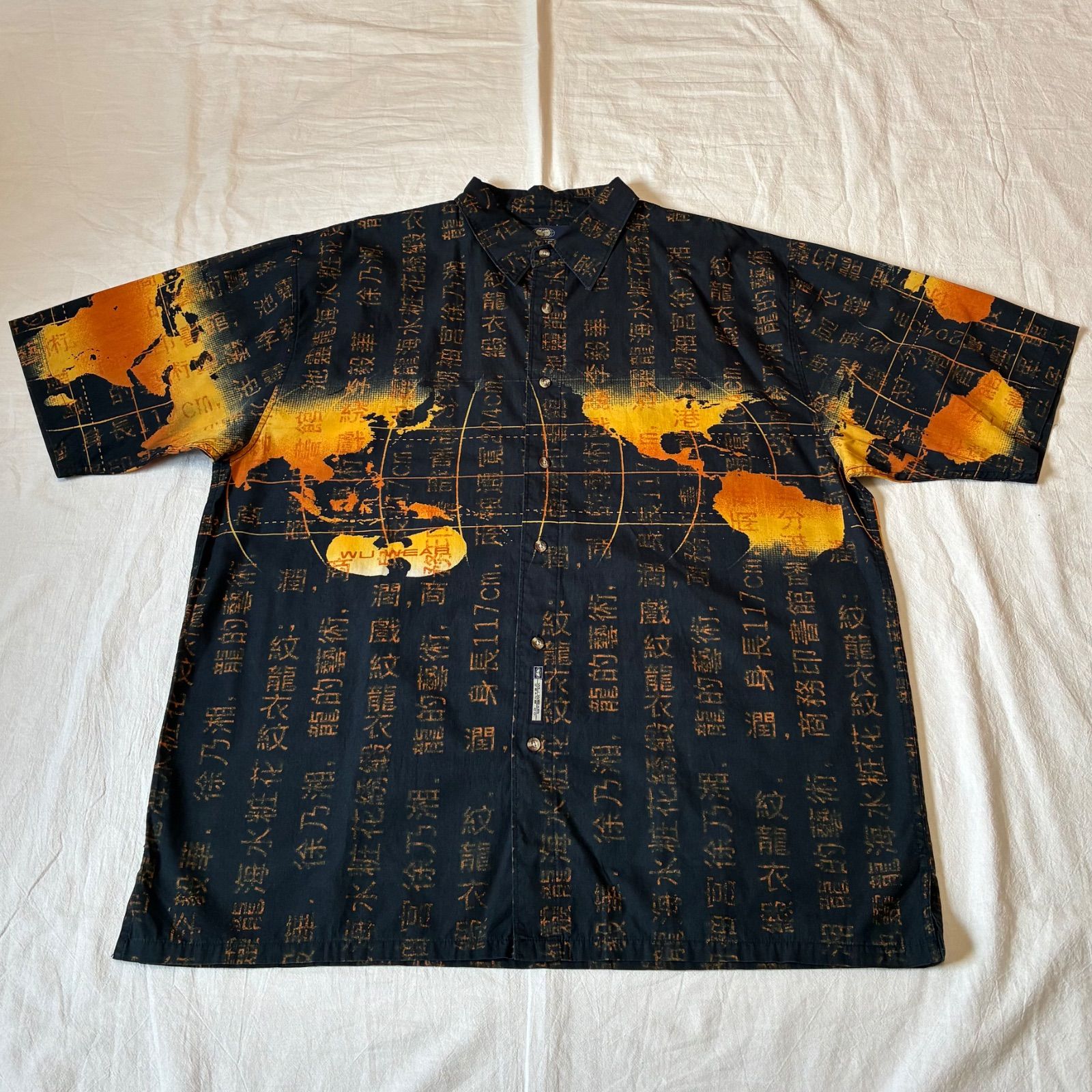 90s〜 WU WEAR Wu-Tang Clan ウータン・クラン 半袖シャツ 世界地図 漢字プリント ブラック×オレンジ XL表記
