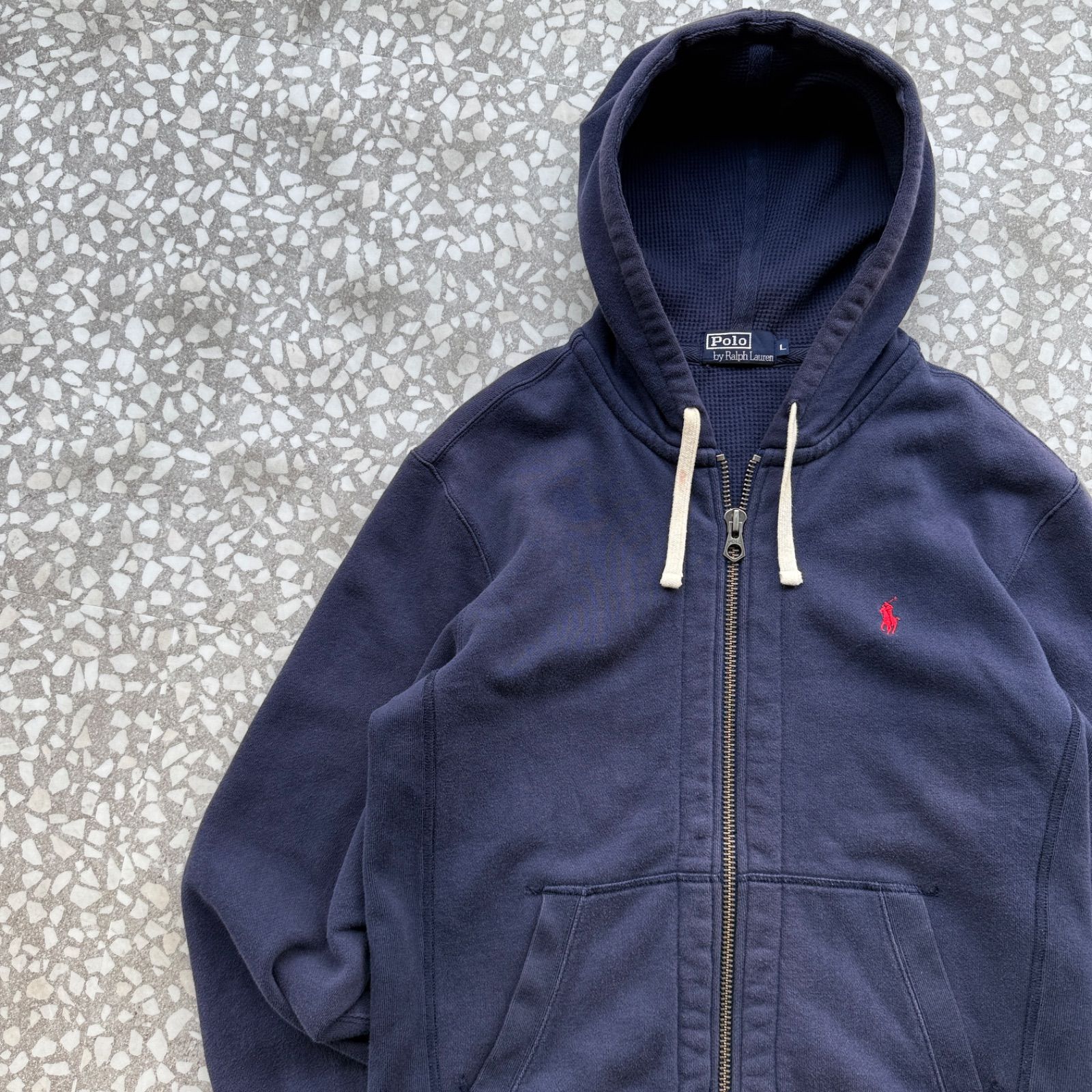 Polo by Ralph Lauren / 00's- double zip hoodie sizeL ポロバイラルフローレン　ダブルジップ　裏サーマル　肉厚パーカー　ストリート　刺繍ロゴ　アメカジ ライトアウター　ネイビー　紺　ホース刺繍