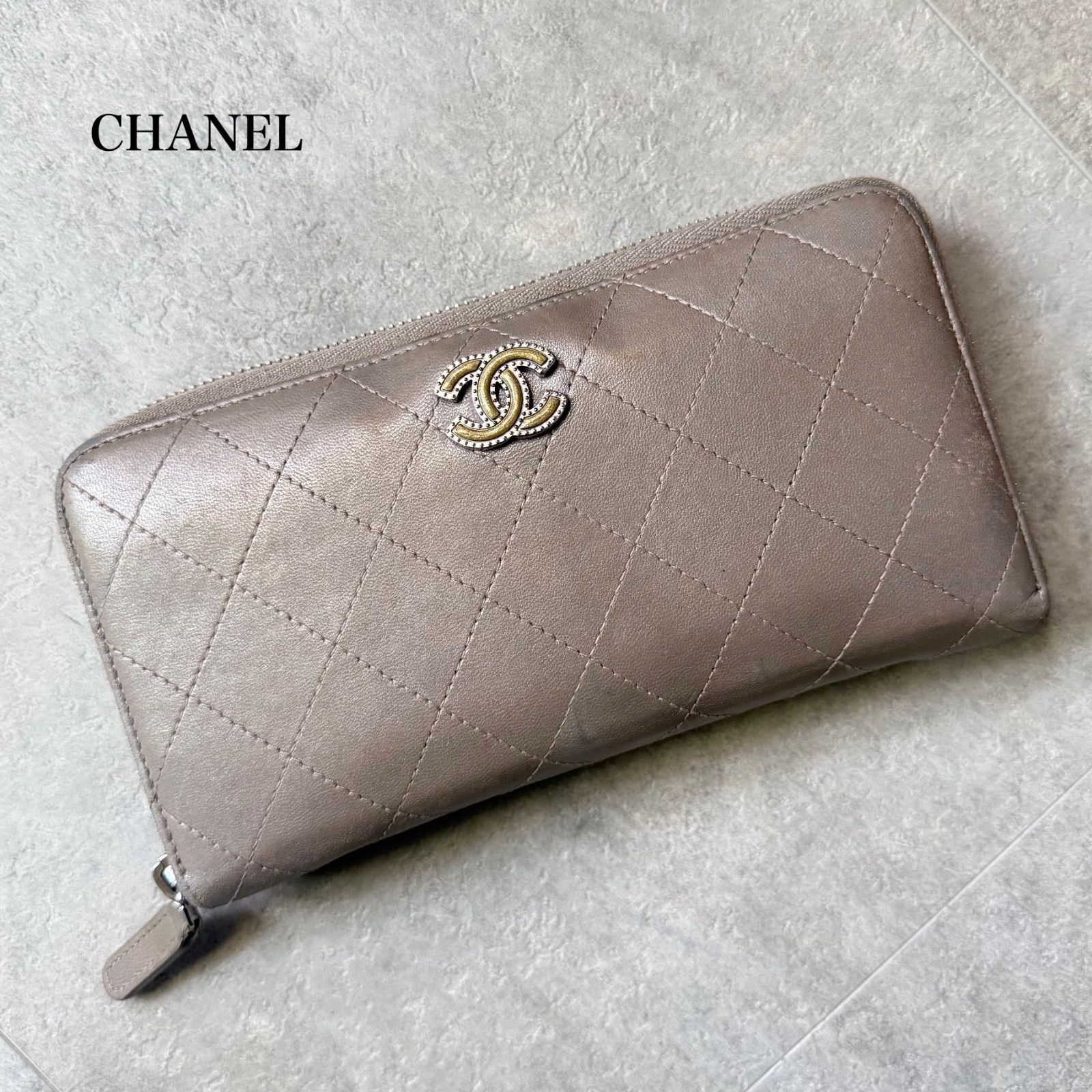 CHANEL シャネル マトラッセ ラウンドファスナー長財布 グレージュ ゴールド金具 キルティング ブリリアント 24,820円