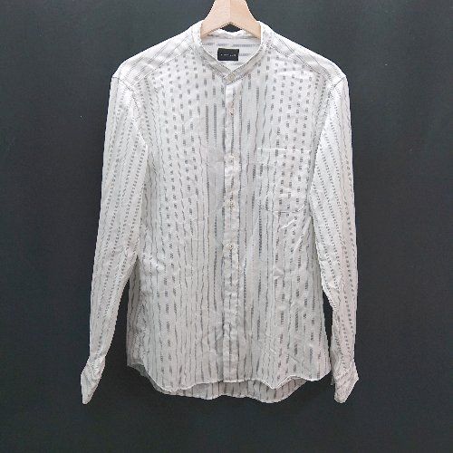 ◇ ◎ green label relaxing フロントボタン ストライプ柄 胸ポケット 長袖 シャツ サイズM ホワイト グレー レディース E 【1308290035368】