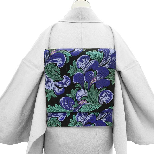 新古品】 袋帯 未使用 正絹 二重紗織 黒地 紫 青緑 洋風な花模様 草花 