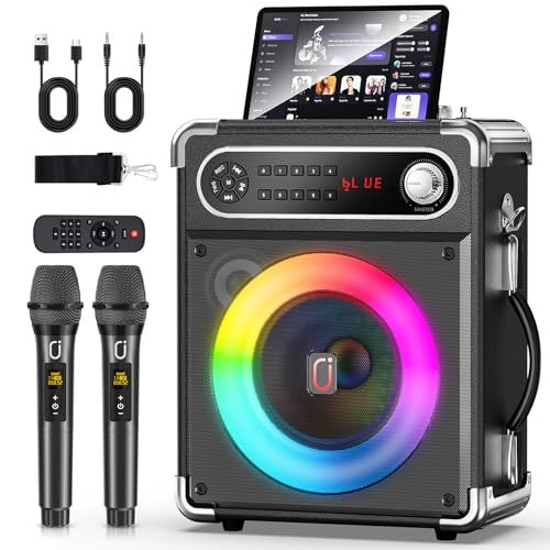 JYX スピーカーセット 拡声器 ワイヤレスマイク２本 Bluetooth5.3対応 高低音強化機能搭載 充電式 ポータブル ホームパーティー、カラオケ、街頭スピーチ、会議 、学校行事、セミナー、室外、防災、路上ライブ、イベントなどに適用wb 473994c3