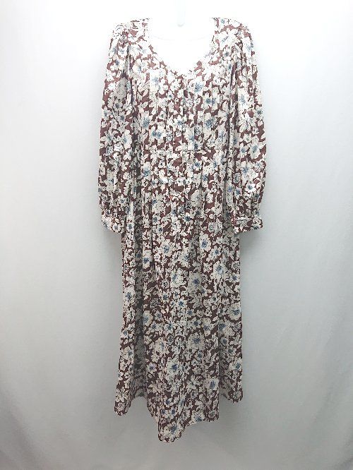 ◇ MOUSSY マウジー 花柄 ウエストゴム パフスリーブ 長袖 ロング丈 ワンピース サイズ1 ブラウン系 レディース E 【1308290055526】