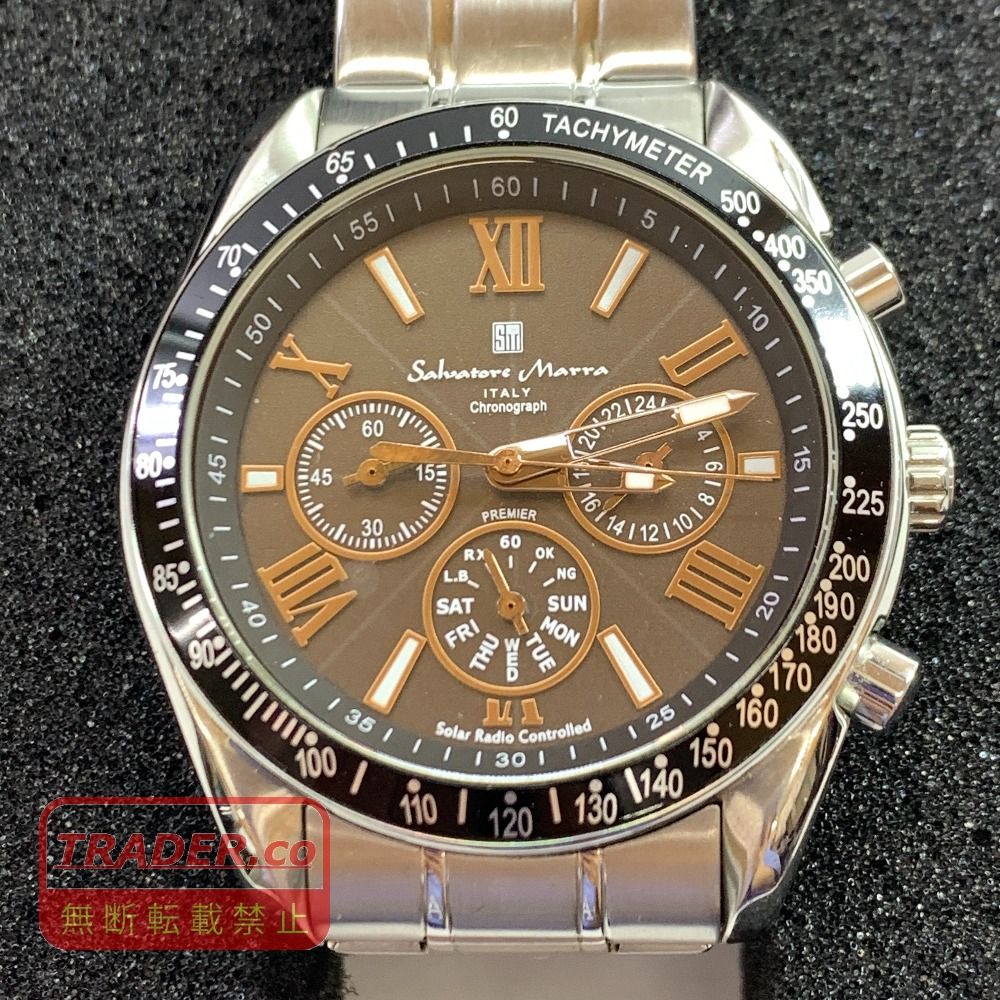 04w6817▽※【中古】サルバトーレマーラ Salavatore Marra 腕時計 SM15116-SSBKPG クオーツ クロノグラフ 電波ソーラー メンズ腕時計 ステンレスベルト ローマ数字 アナログ表示 5気圧防水【八王子店】