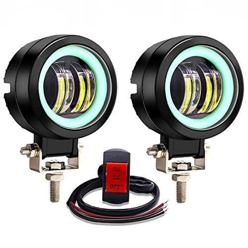 バイク フォグランプ LED カットラインイカリング スイッチ付き ヘッドライト 補助灯フォグランプ小型、メインホワイト＋グリーンイカリング 12V24V兼用 丸型 広角 2個kk d67e6bf9