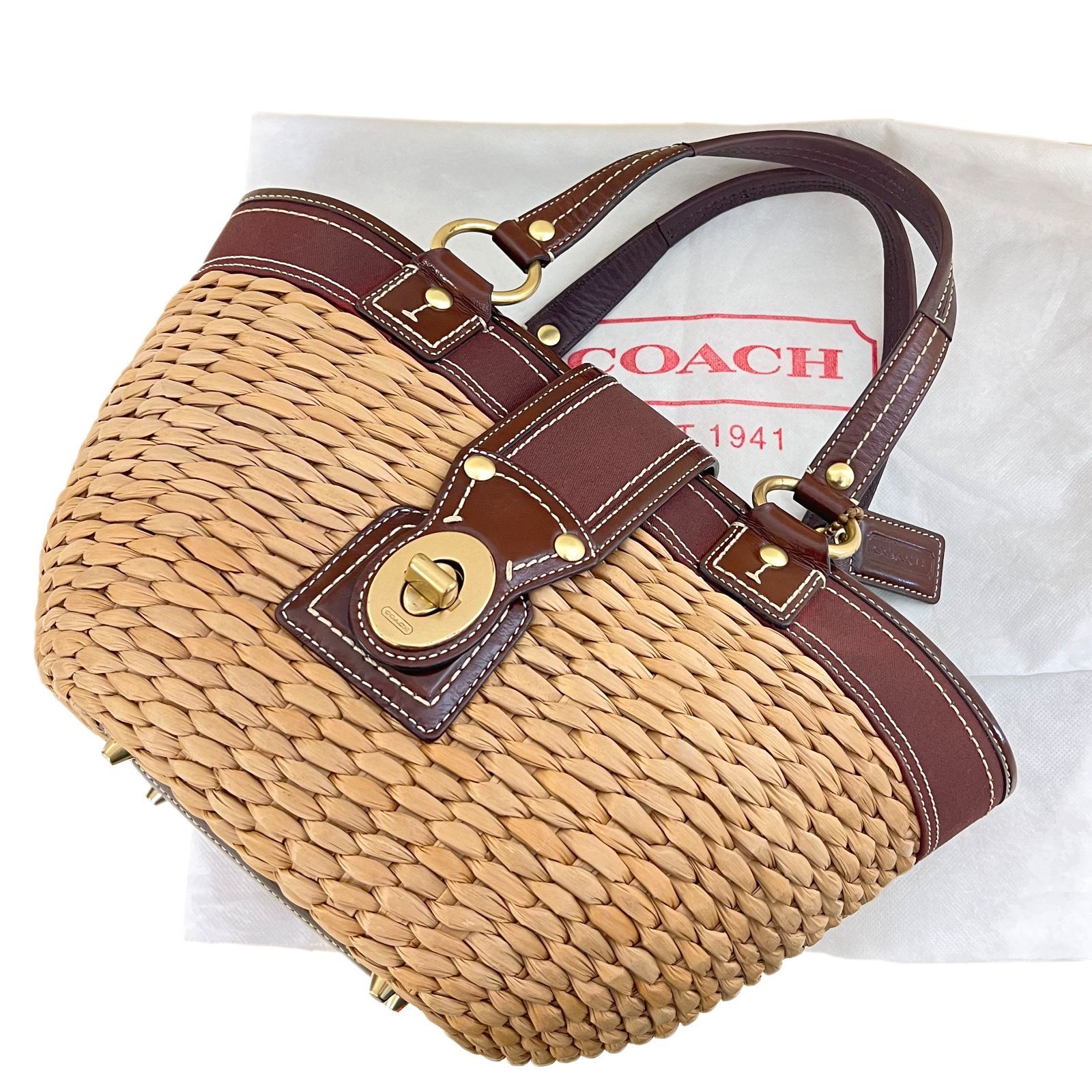 COACH コーチ バッグ 10728 ラフィア カゴ レザー ストロー バスケット