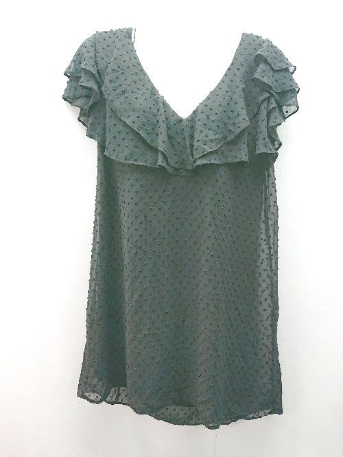 ◇ ZARA BASIC ドット 水玉 薄手 フリル 半袖 ひざ丈 ワンピース サイズXL ブラック レディース E 【1309040002012】