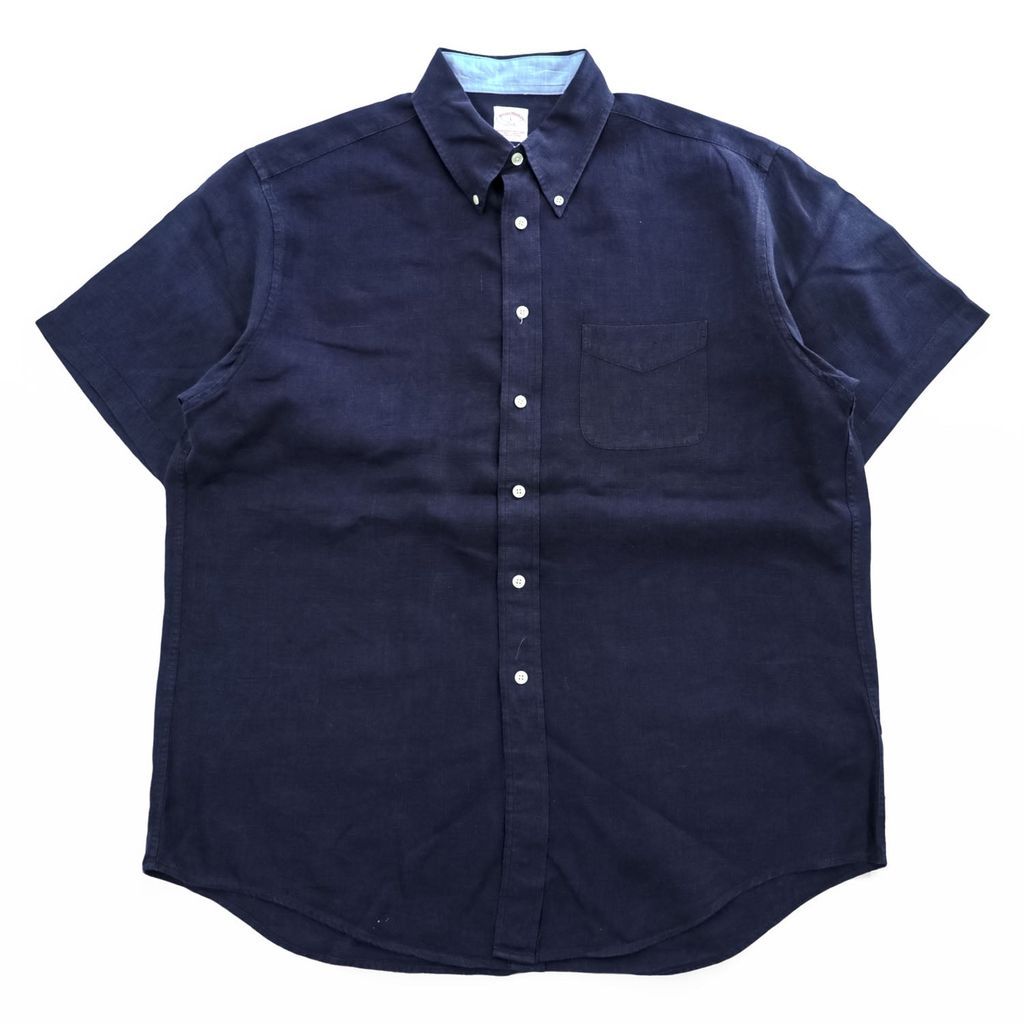 Brooks Brothers 346 半袖リネンシャツ L ネイビー 麻100% ボタンダウン