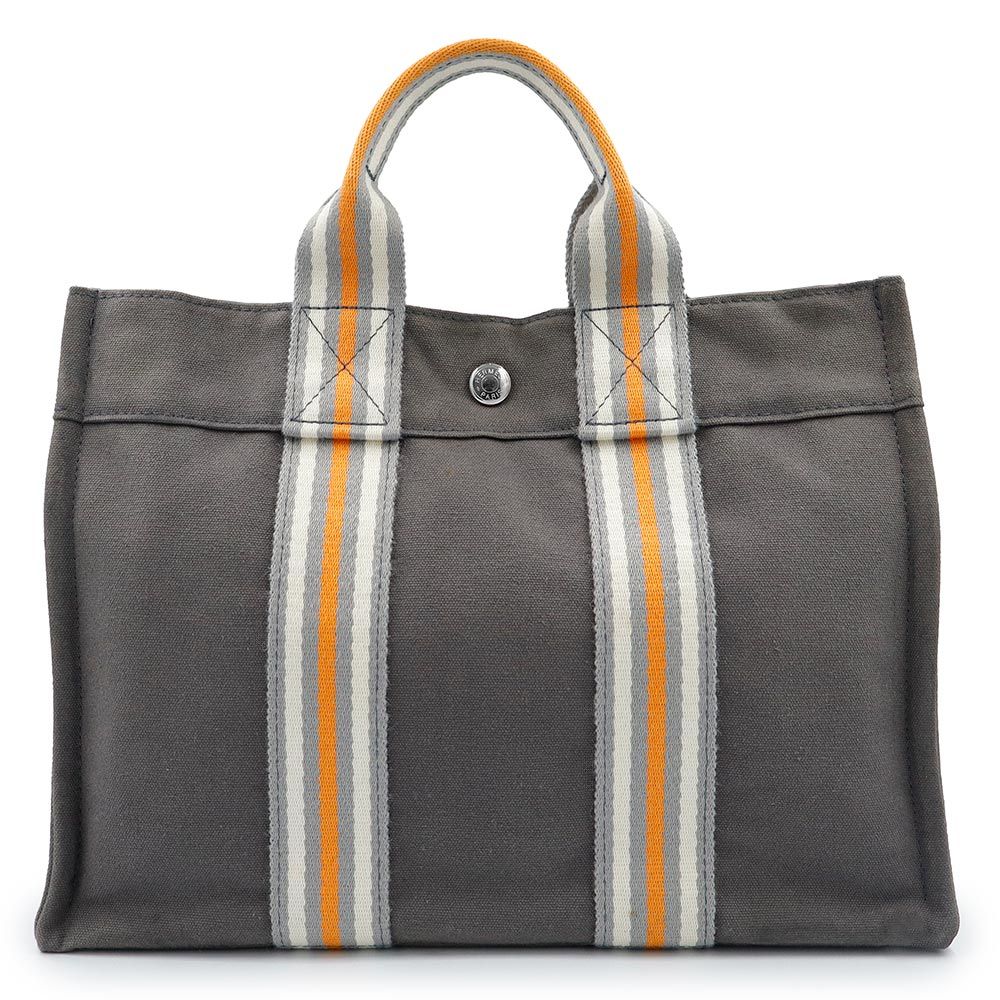 エルメス フールトゥ PM 銀座限定 トート コットンキャンバス グレー オレンジ ホワイト ハンドバッグ シルバー金具 HERMES（美品）
