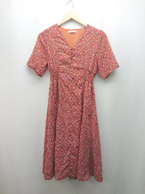 ◇ E hyphen world gallery PEACE 花柄 Vネック ガーリー 綺麗め 半袖 ロング ワンピース サイズF オレンジ レディース E 【1309040023598】