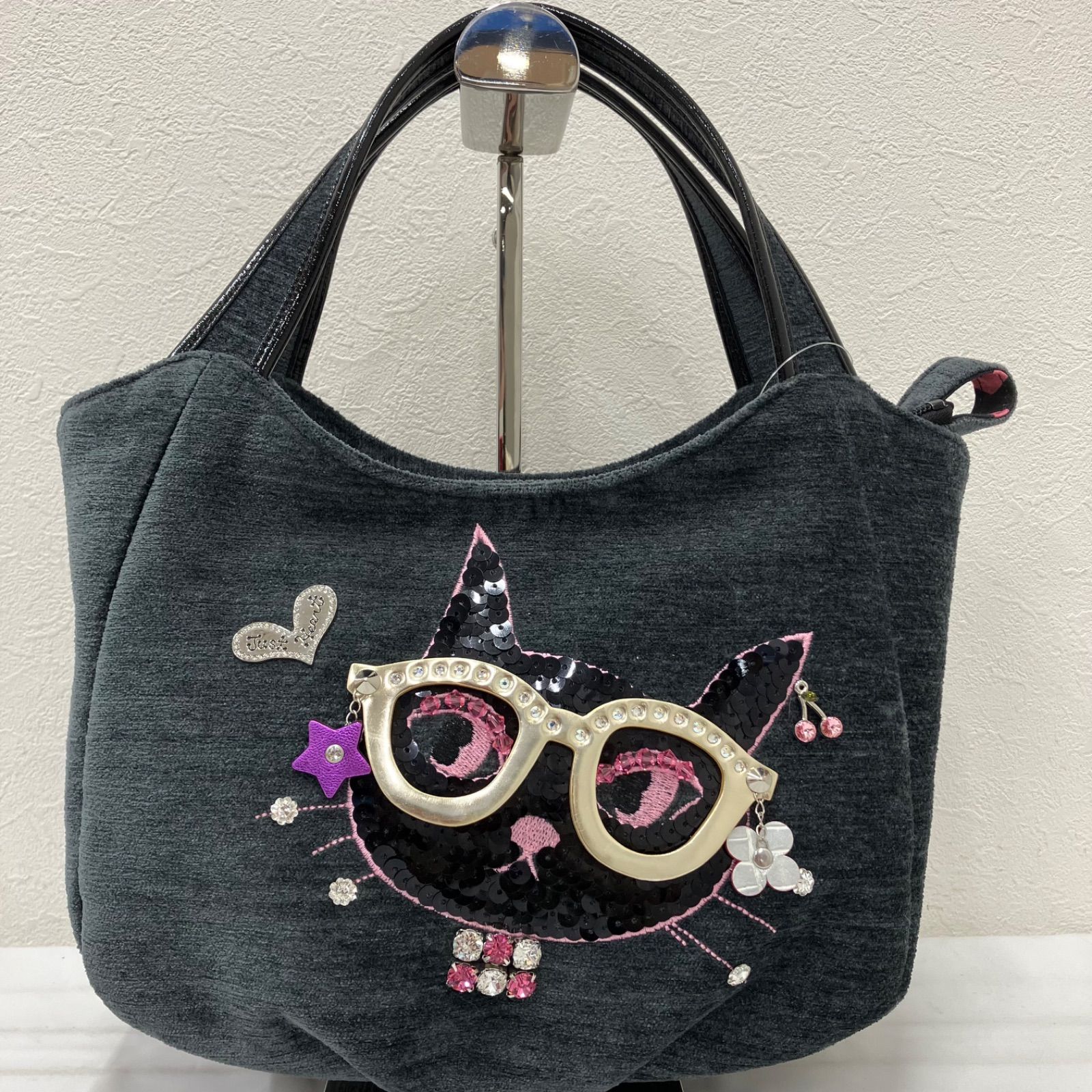 3426　Think Bee!　シンクビー！　トートバッグ　 ランナウェイキャッツ　黒猫　ネコ　メガネ　 刺繍　スパンコール　ビジュー　グレー系　 レディース