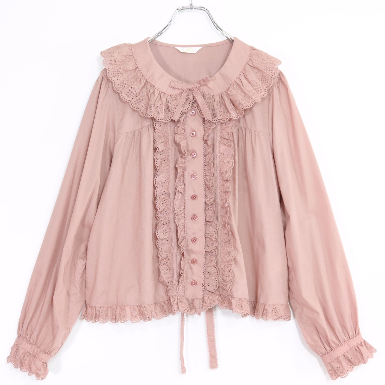 【美品】ピンクハウス★ローズレース使い♪ローンブラウス 長袖 テラコッタ系 前開き 2024年製 無地 z20039