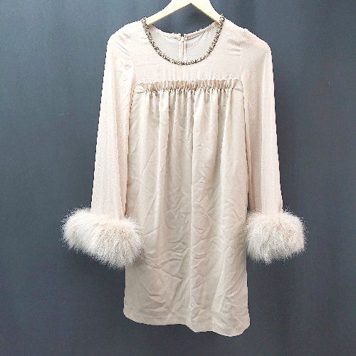 ◇ Vanilla Couture シアー素材 ファー取外可 バックジップ 長袖 ショート丈 ワンピース サイズF ベージュ レディース E 【1309040050860】