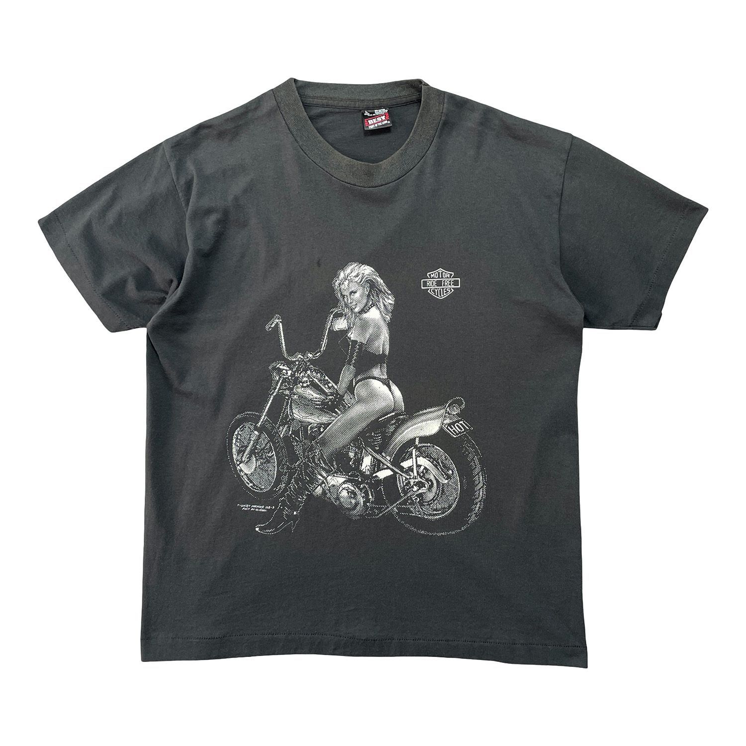 古着 USA製 90S FRUIT OF THE LOOM フルーツオブザルーム モーターサイクル ガール ヴィンテージ Tシャツ プリント メンズL ブラック シングルステッチ BA5572