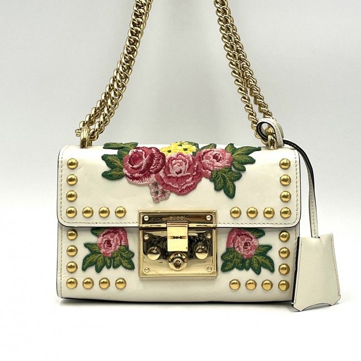 GUCCI（グッチ）パドロック フラワー刺繍 チェーンショルダーバッグ スタッズ ホワイト レザー ゴールド金具 レディース【中古】