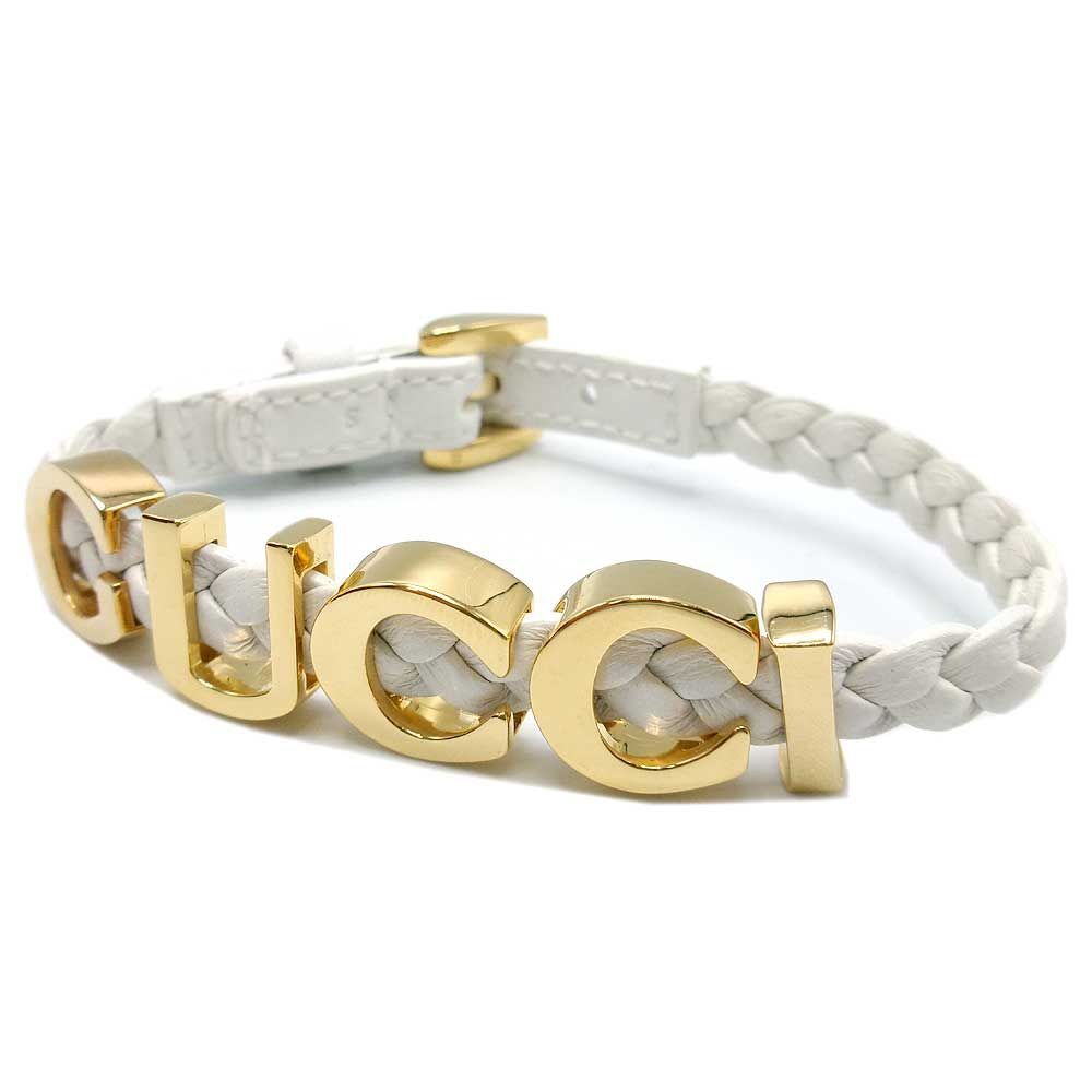 【新品】GUCCI グッチ ブレスレット レディース レザー 編み込み ロゴ スクリプト 684631 IAAA1 8078 #S(18cm～19cm(調節可能))ホワイト系 ブティックライン