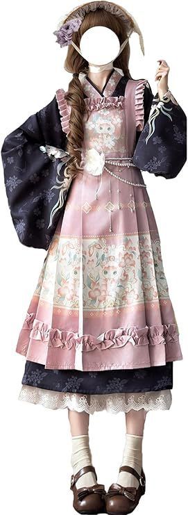 ロリータ 3点セット 蛇柄 プリント セットアップ レディース ワンピース ゴスロリ チャイナ服 和服 浴衣 ゆかた メード服 フリル プリーツ 姫袖 振袖 羽織 和風 ゆめかわいい 森ガール Lolita マキシ 長袖 少女 春 秋