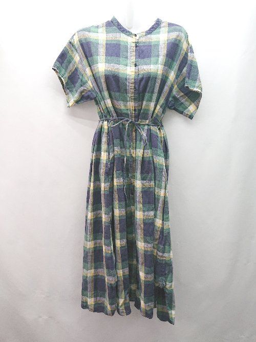 ◇ ◎ chambredecharme チェック柄 バンドカラー ガーリー 半袖 ロング丈 ワンピース サイズFREE グリーン レディース E 【1309040084513】